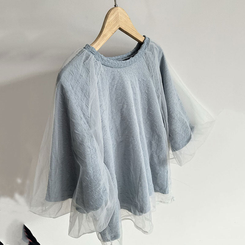 パフスリーブ半袖メッシュ切替Tシャツトップス