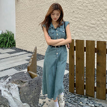 画像をギャラリービューアに読み込む, ノースリーブ デニムワンピース レディース ベルト付き ミディ丈 着痩せ カジュアル
