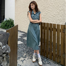 画像をギャラリービューアに読み込む, ノースリーブ デニムワンピース レディース ベルト付き ミディ丈 着痩せ カジュアル
