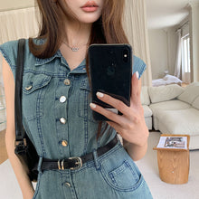 画像をギャラリービューアに読み込む, ノースリーブ デニムワンピース レディース ベルト付き ミディ丈 着痩せ カジュアル
