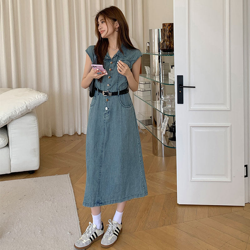 ノースリーブ デニムワンピース レディース ベルト付き ミディ丈 着痩せ カジュアル