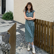 画像をギャラリービューアに読み込む, ノースリーブ デニムワンピース レディース ベルト付き ミディ丈 着痩せ カジュアル
