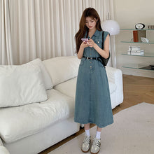 画像をギャラリービューアに読み込む, ノースリーブ デニムワンピース レディース ベルト付き ミディ丈 着痩せ カジュアル
