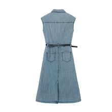 画像をギャラリービューアに読み込む, ノースリーブ デニムワンピース レディース ベルト付き ミディ丈 着痩せ カジュアル
