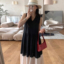画像をギャラリービューアに読み込む, バイカラー ドッキング チェック柄ワンピースノースリーブ マキシ丈 大人可愛いカジュアルワンピース
