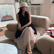 画像をギャラリービューアに読み込む, バイカラー ドッキング チェック柄ワンピースノースリーブ マキシ丈 大人可愛いカジュアルワンピース
