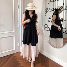 画像をギャラリービューアに読み込む, バイカラー ドッキング チェック柄ワンピースノースリーブ マキシ丈 大人可愛いカジュアルワンピース
