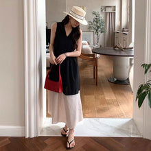 画像をギャラリービューアに読み込む, バイカラー ドッキング チェック柄ワンピースノースリーブ マキシ丈 大人可愛いカジュアルワンピース
