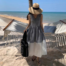 画像をギャラリービューアに読み込む, バイカラー ドッキング チェック柄ワンピースノースリーブ マキシ丈 大人可愛いカジュアルワンピース
