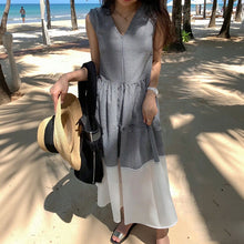 画像をギャラリービューアに読み込む, バイカラー ドッキング チェック柄ワンピースノースリーブ マキシ丈 大人可愛いカジュアルワンピース
