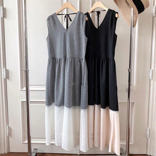 画像をギャラリービューアに読み込む, バイカラー ドッキング チェック柄ワンピースノースリーブ マキシ丈 大人可愛いカジュアルワンピース
