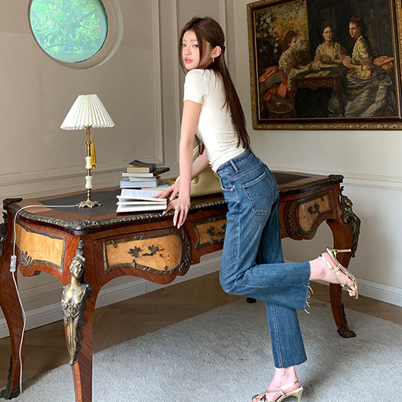 ハイウエストストレッチフレアジーンズ ヴィンテージウォッシュ 裾切りっぱなし 美脚効果抜群 日常カジュアル着