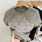 ビーズ付きリボンアルファペットプリント半袖Tシャツトップス
