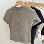 ビーズ付きリボンアルファペットプリント半袖Tシャツトップス