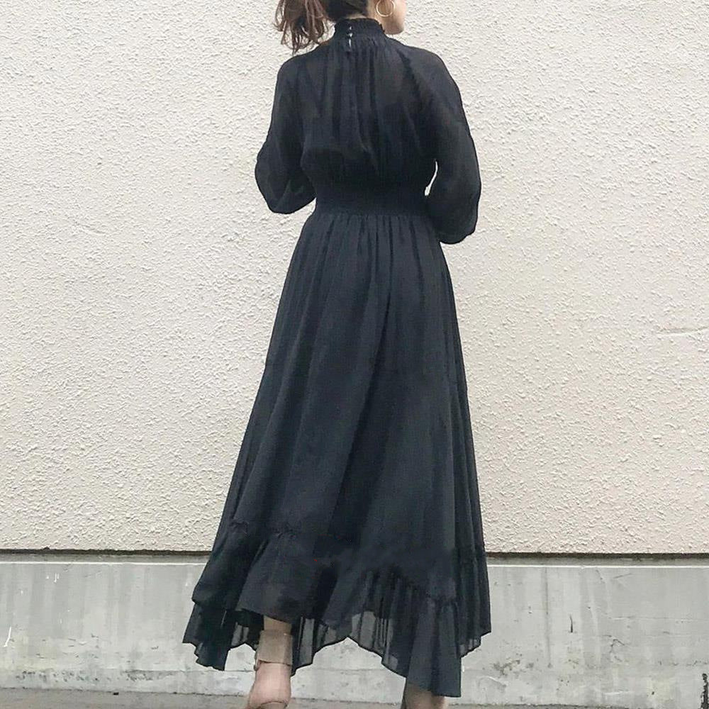 パフスリーブ長袖黒ワンピースデートワンピース