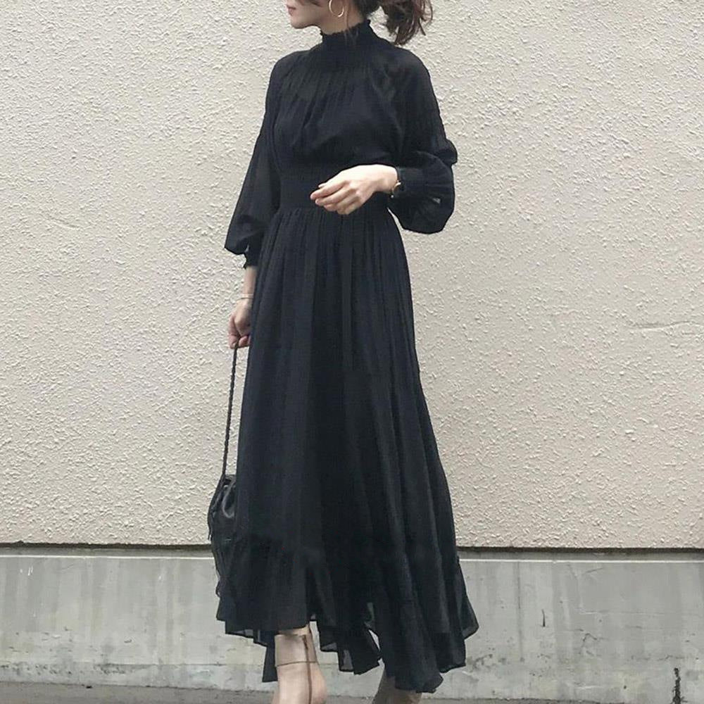 パフスリーブ長袖黒ワンピースデートワンピース