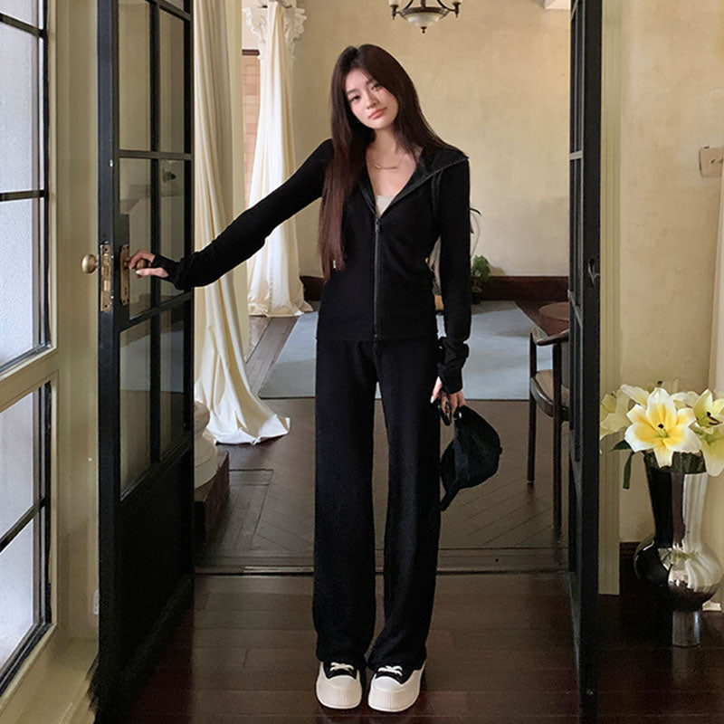 レディース パーカーセットアップ ジップアップパーカー+ワイドパンツ2点セットカジュアル韓国風 ルームウェア 通勤