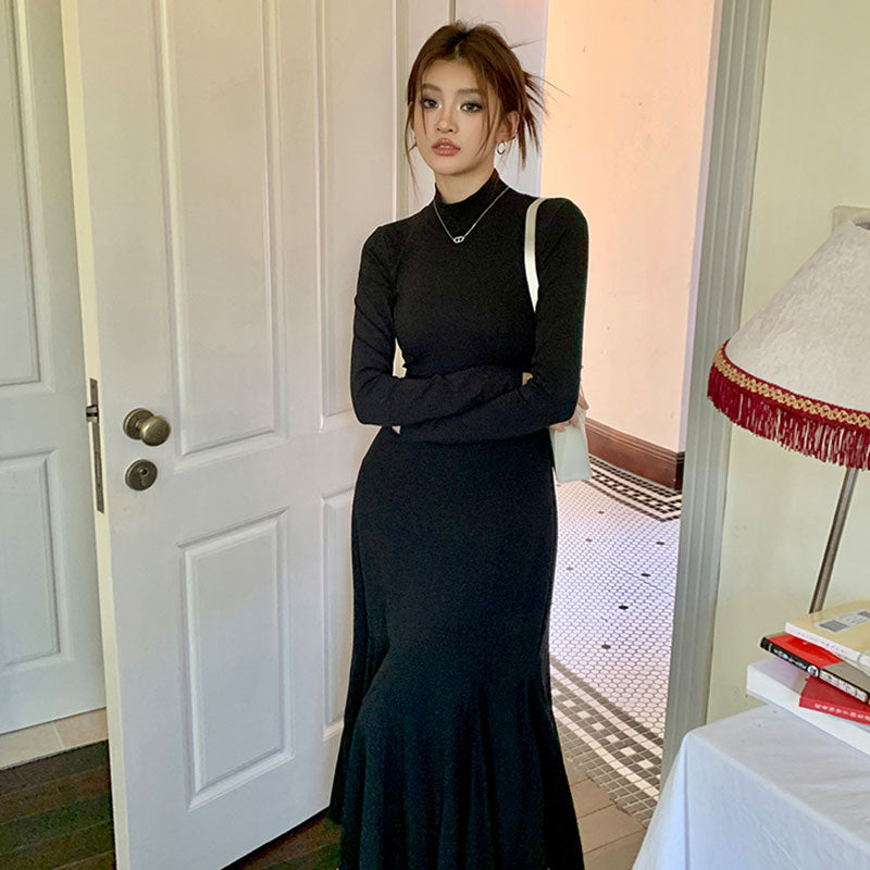 ハイネック長袖マーメイドワンピース ロング丈 タイト上品 大人女子 デートお出かけ黒ワンピース