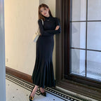ハイネック長袖マーメイドワンピース ロング丈 タイト上品 大人女子 デートお出かけ黒ワンピース