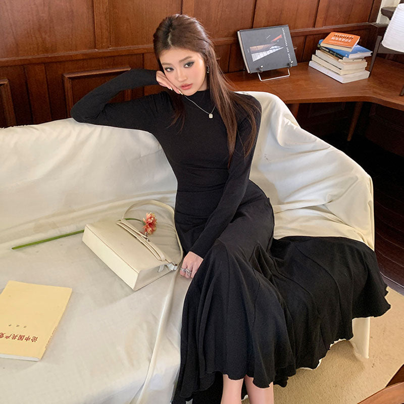 ハイネック長袖マーメイドワンピース ロング丈 タイト上品 大人女子 デートお出かけ黒ワンピース