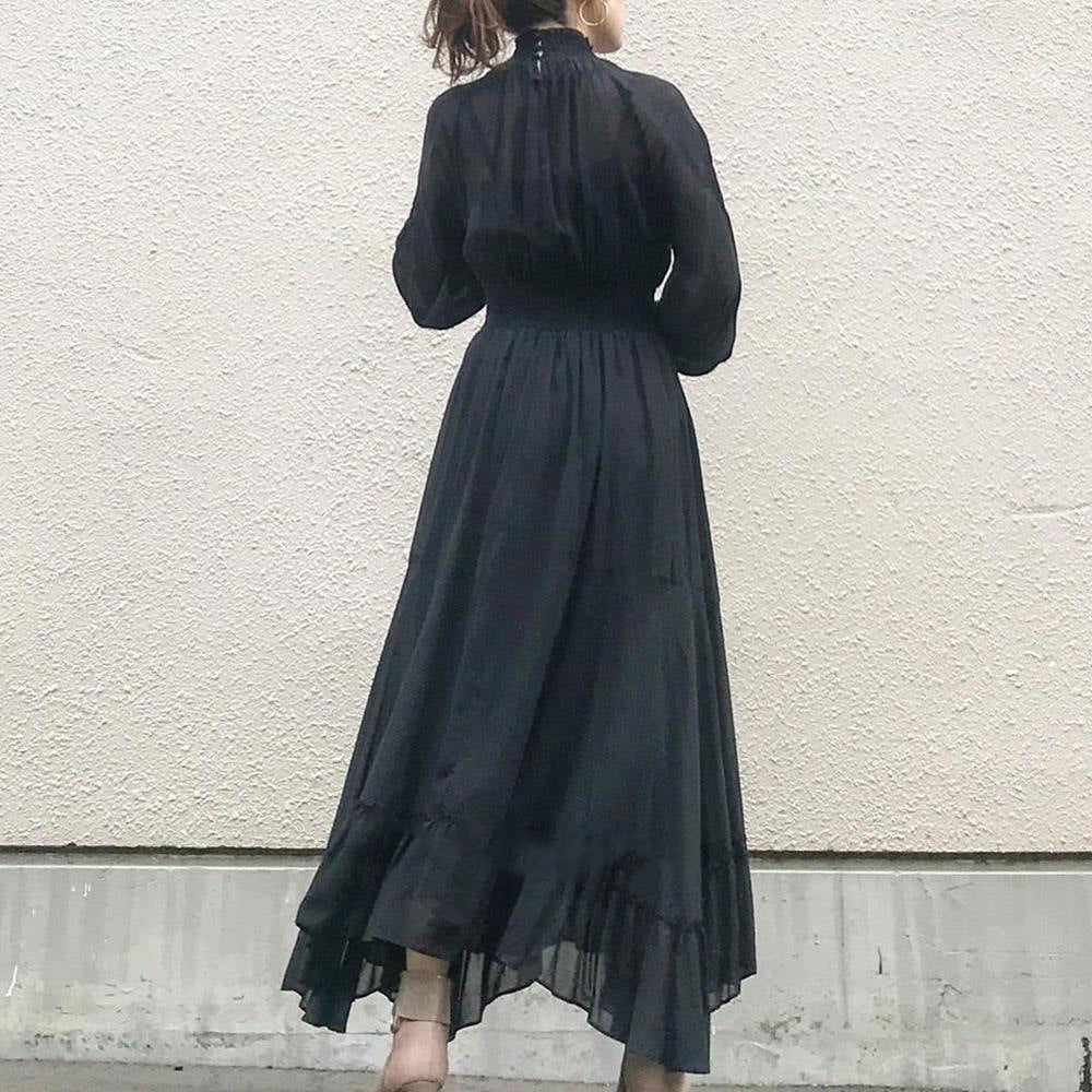 パフスリーブ長袖黒ワンピースデートワンピース
