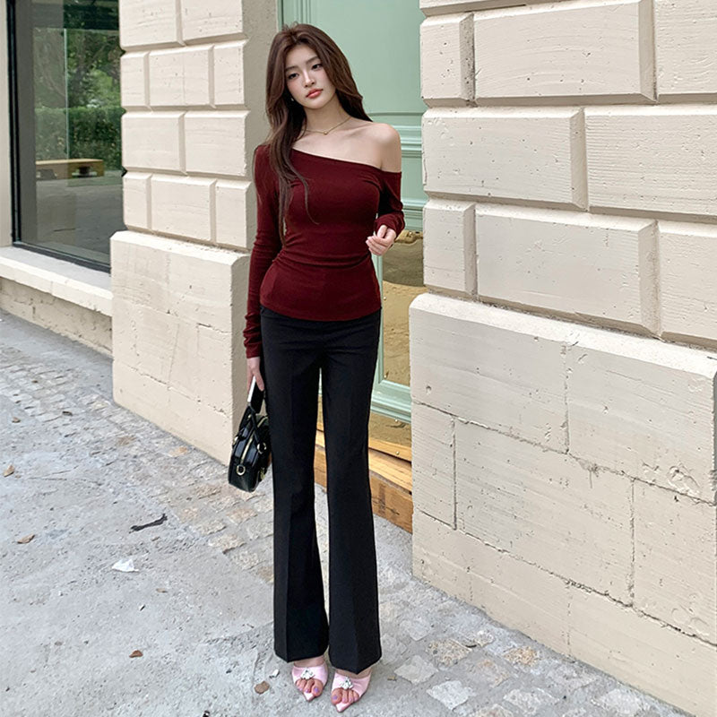 ハイウエストフレアスラックス レディース 美脚 通勤きれいめパンツ