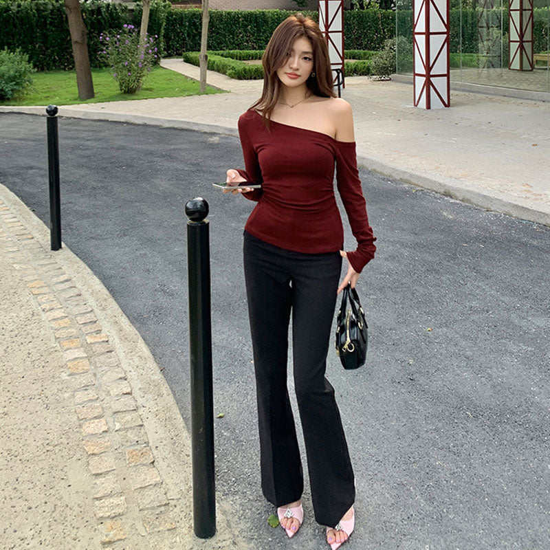 ハイウエストフレアスラックス レディース 美脚 通勤きれいめパンツ