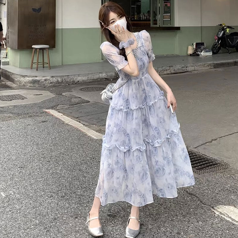 花柄 シフォン ワンピース体型カバー 着痩せ 大人可愛い 韓国風 パフスリーブ