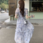 花柄 シフォン ワンピース体型カバー 着痩せ 大人可愛い 韓国風 パフスリーブ