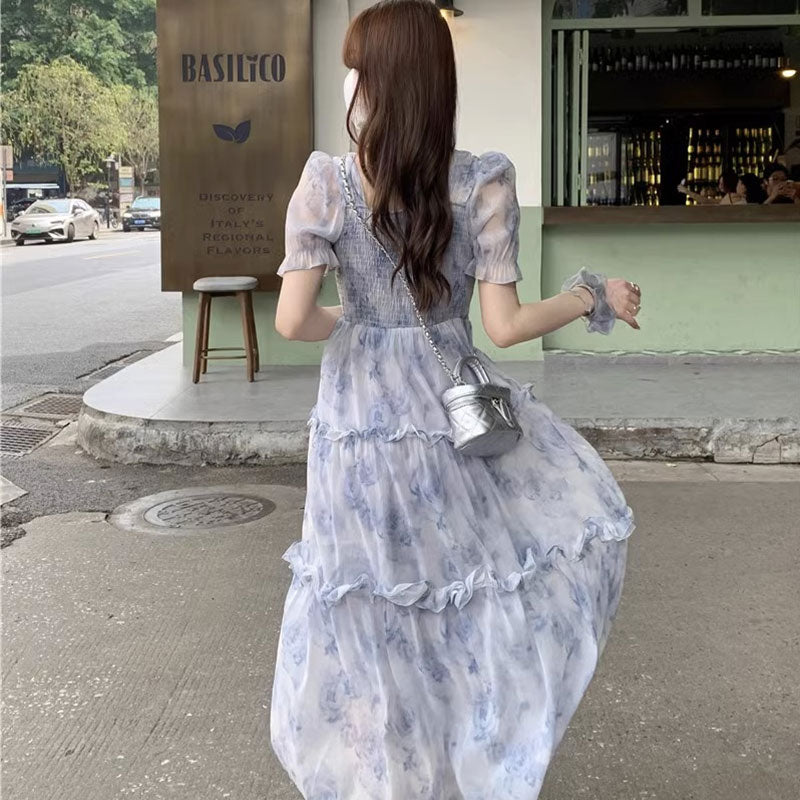 花柄 シフォン ワンピース体型カバー 着痩せ 大人可愛い 韓国風 パフスリーブ
