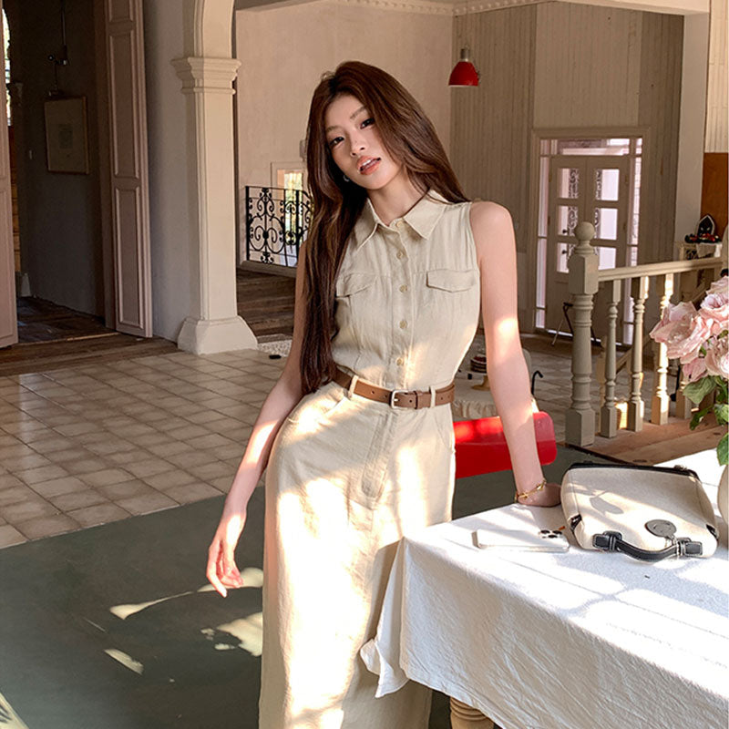 ノースリーブ シャツワンピース ロング丈 ベルト付きデートワンピース