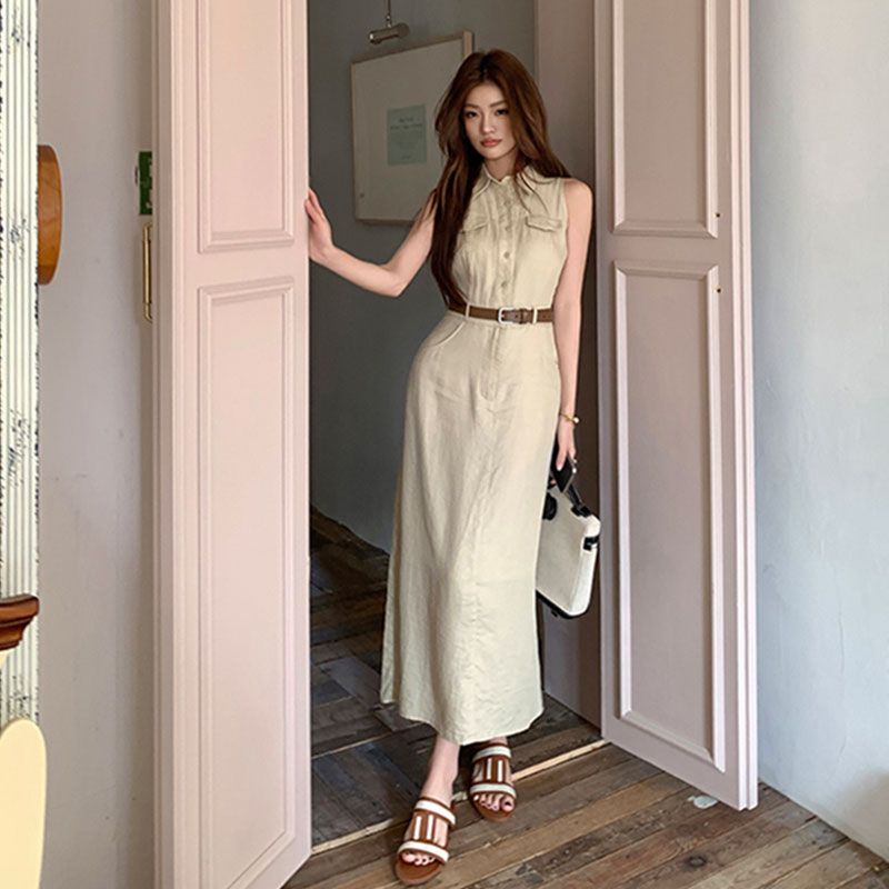 ノースリーブ シャツワンピース ロング丈 ベルト付きデートワンピース