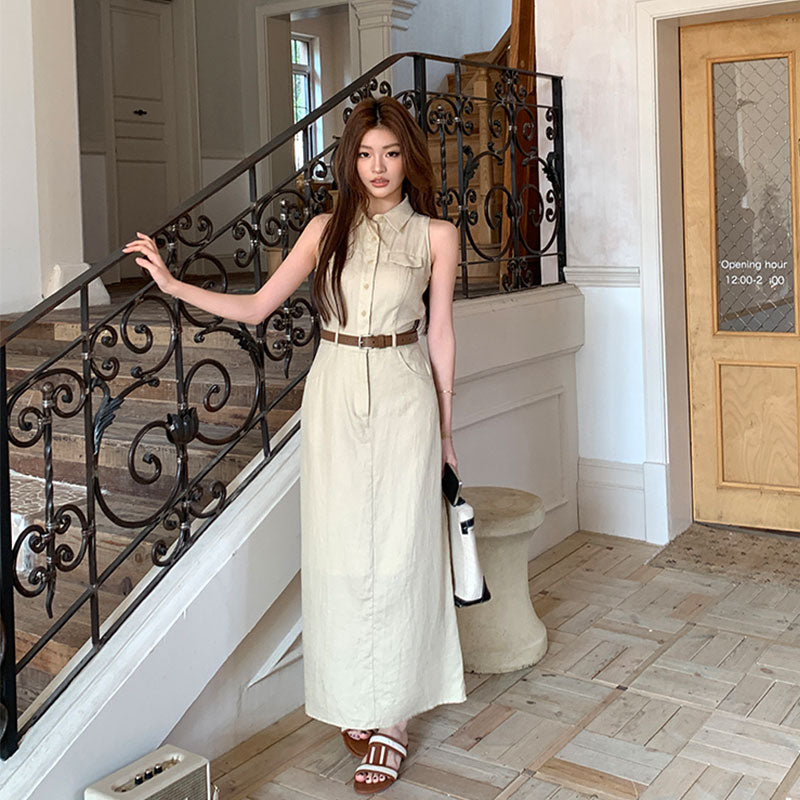 ノースリーブ シャツワンピース ロング丈 ベルト付きデートワンピース