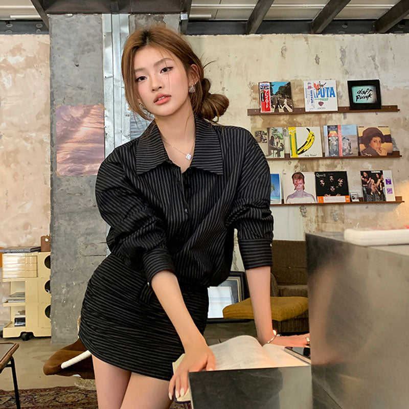 大人可愛いシャツタイトワンピースストライプ柄（ベルト付き）
