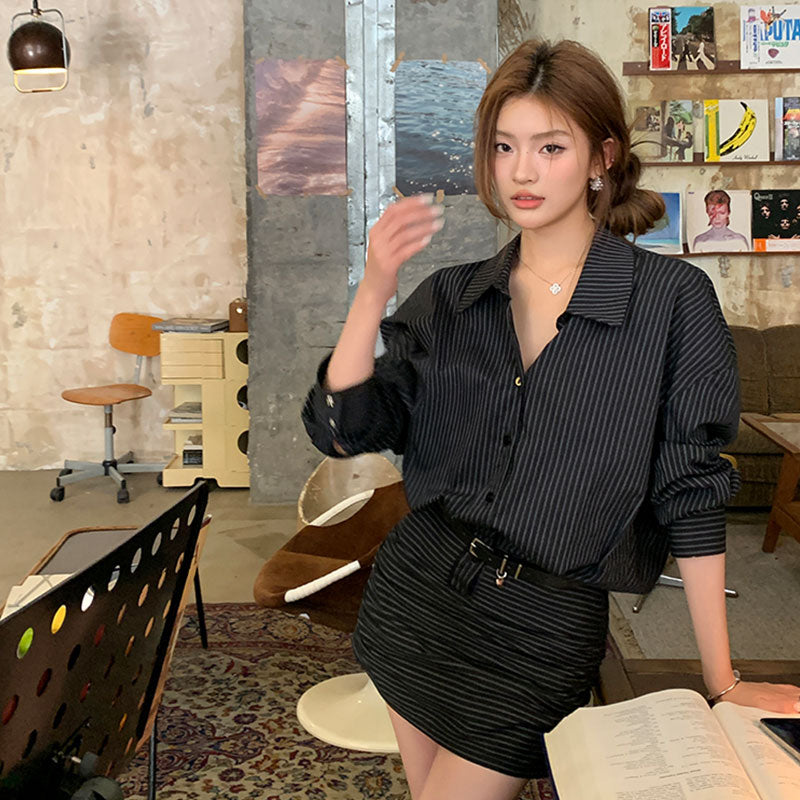 大人可愛いシャツタイトワンピースストライプ柄（ベルト付き）
