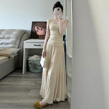 画像をギャラリービューアに読み込む, 韓国風 リブニット プリーツスカート セットアップ ワンピ風 ベージュ 大人可愛い

