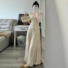 画像をギャラリービューアに読み込む, 韓国風 リブニット プリーツスカート セットアップ ワンピ風 ベージュ 大人可愛い
