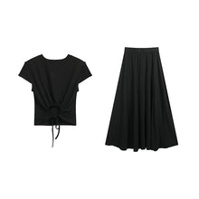 画像をギャラリービューアに読み込む, バックレースアップセットアップ ワンピース風トップス + ロングスカート 着痩せ カジュアル
