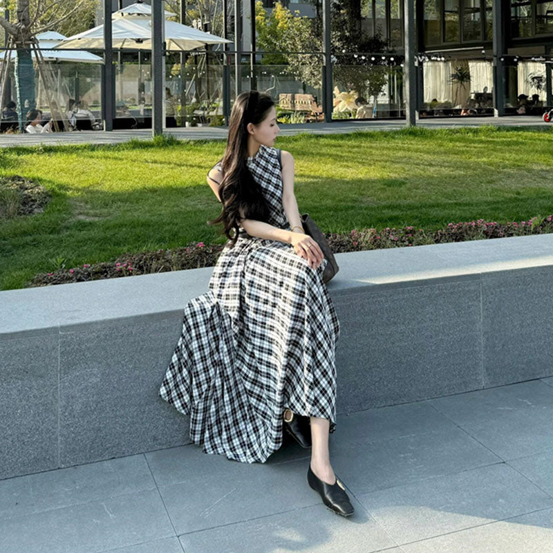 チェック柄 ノースリーブ ワンピース ロング 体型カバー 上品 エレガント 大人女子（ベルト付き）