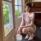 ワンショルダーワンピース ミディ丈 タイト エレガント 大人可愛い フォーマル デート 結婚式 お呼ばれ