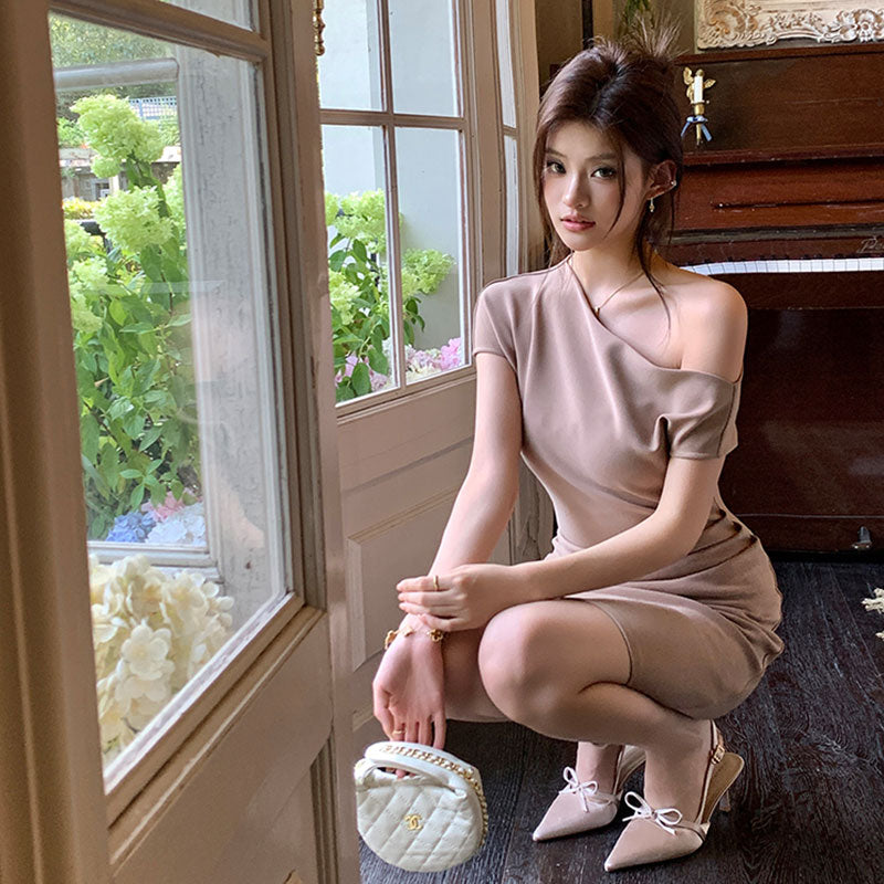 ワンショルダーワンピース ミディ丈 タイト エレガント 大人可愛い フォーマル デート 結婚式 お呼ばれ