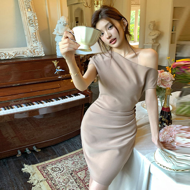 ワンショルダーワンピース ミディ丈 タイト エレガント 大人可愛い フォーマル デート 結婚式 お呼ばれ