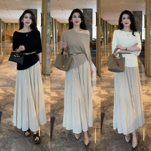 画像をギャラリービューアに読み込む, ニット トップス ＆ ロング スカート セットアップ（ベルト付き） 2点セット オフショルダー 半袖 プリーツスカート マキシ丈 体型カバー 大人可愛い 上品 ゆったり お出かけ 通勤 オフィス ファッション 美シルエット
