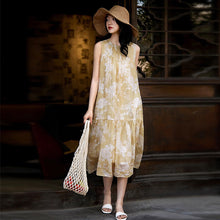 画像をギャラリービューアに読み込む, ベージュ 花柄 ノースリーブ ワンピース 夏 リネン風 体型カバー 着痩せ 大人可愛い ゆったりカジュアルワンピース
