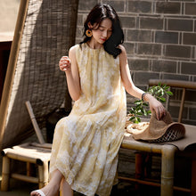 画像をギャラリービューアに読み込む, ベージュ 花柄 ノースリーブ ワンピース 夏 リネン風 体型カバー 着痩せ 大人可愛い ゆったりカジュアルワンピース
