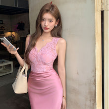 画像をギャラリービューアに読み込む, 大人のセクシーコーデレース切り替え サテンワンピース ミディ丈 エレガント デート お呼ばれ
