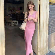 画像をギャラリービューアに読み込む, 大人のセクシーコーデレース切り替え サテンワンピース ミディ丈 エレガント デート お呼ばれ
