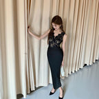 大人のセクシーコーデレース切り替え サテンワンピース ミディ丈 エレガント デート お呼ばれ