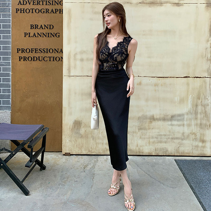 大人のセクシーコーデレース切り替え サテンワンピース ミディ丈 エレガント デート お呼ばれ