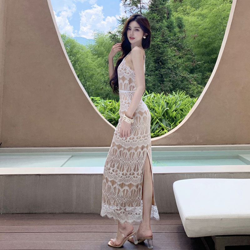 レース ホルターネック マキシワンピース 夏 リゾート 体型カバー 着痩せ 大人可愛い セクシー